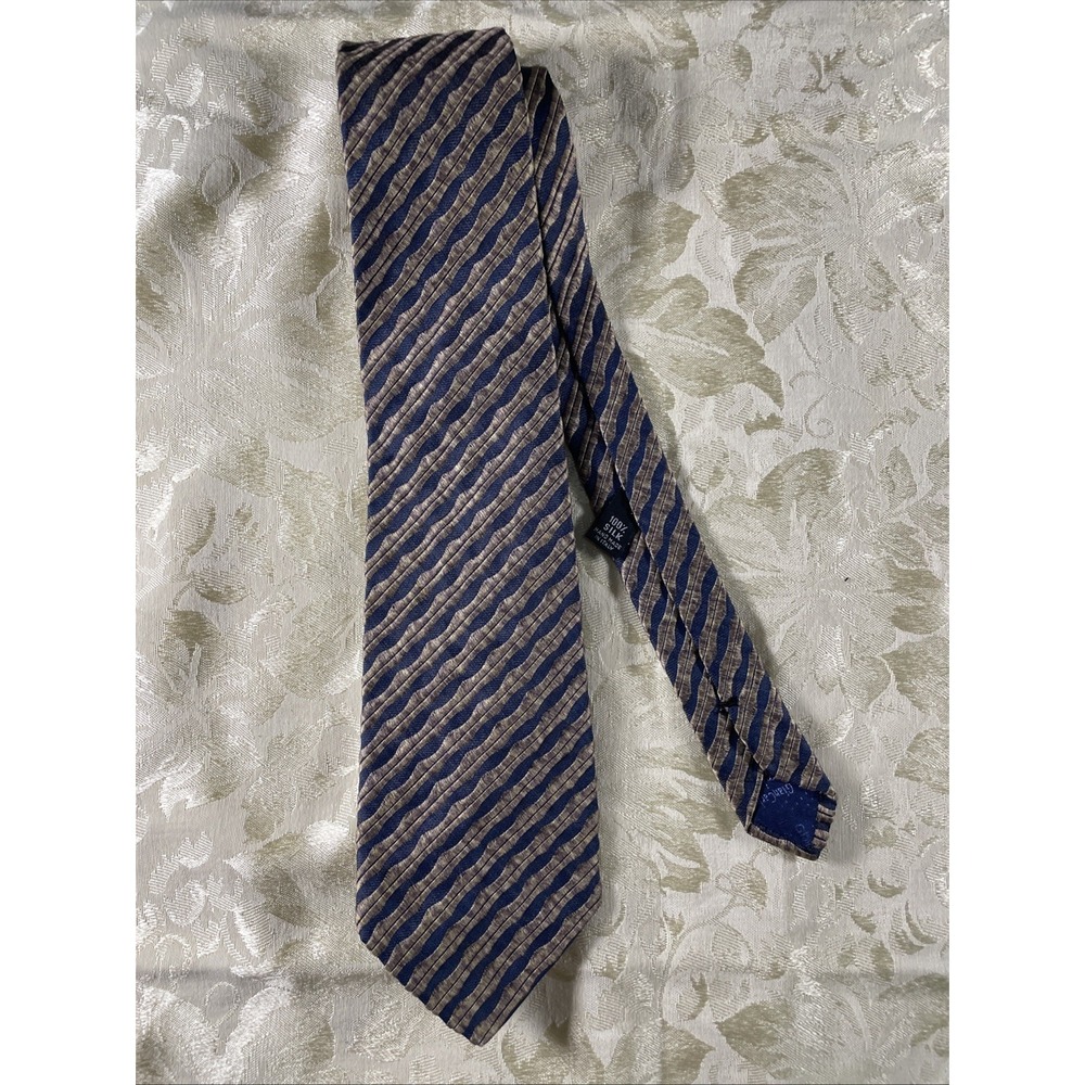 Mens 100% Silk Tie Navy Blue Tan Stripe Made in Italy 59 Inch Classic